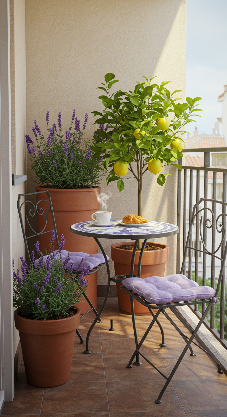 Kleiner Balkon mit Bistrotisch, Stühlen, Lavendel und Zitronenbaum.
