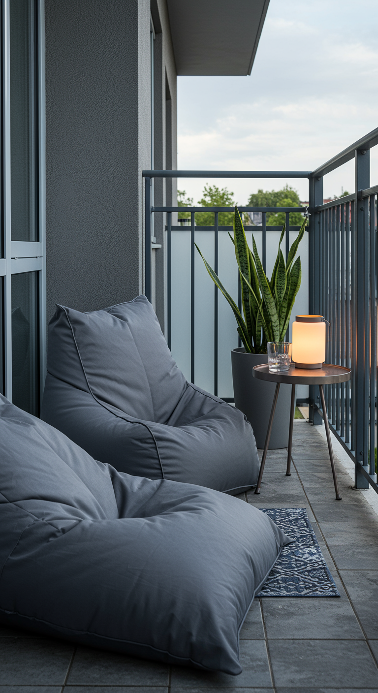 Zwei graue Sitzsäcke auf einem Balkon mit Beistelltisch, Bogenhanf und Teppich.