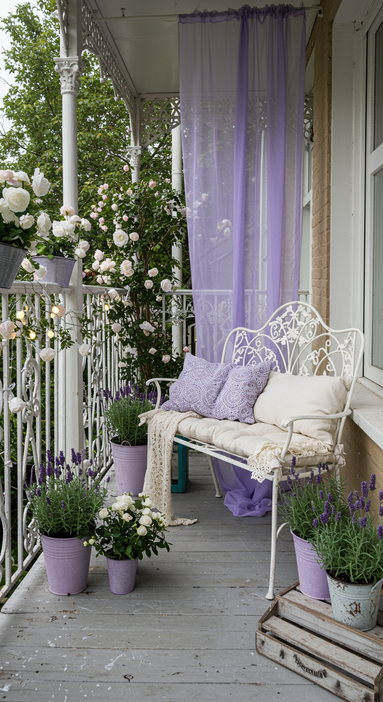 Romantische Veranda mit weißer Metallbank, lila Akzenten und weißen Rosen.