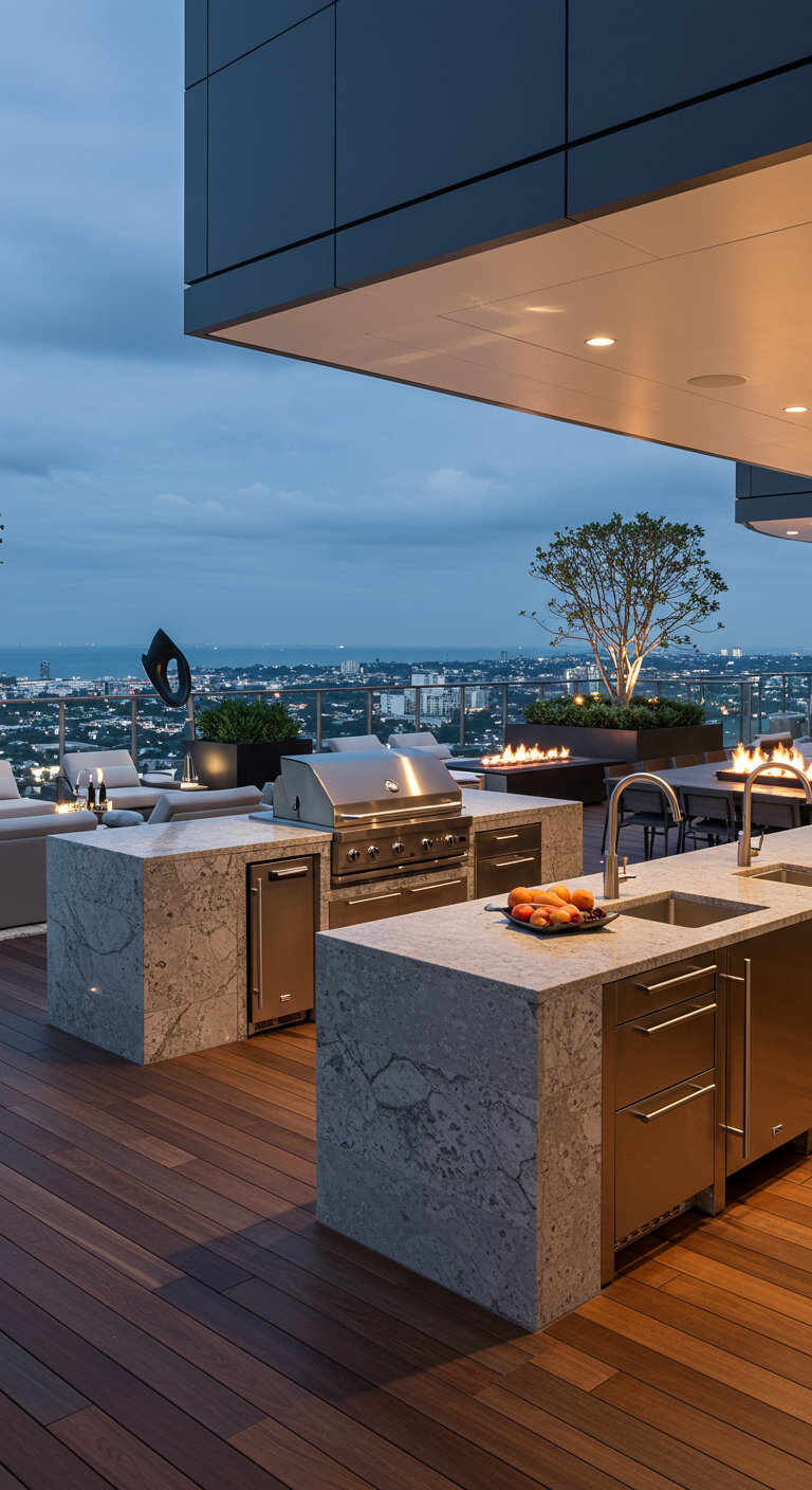 Luxuriöse Außenküche aus Marmor und Edelstahl mit Grill und Feuerstelle auf einer Holzterrasse.