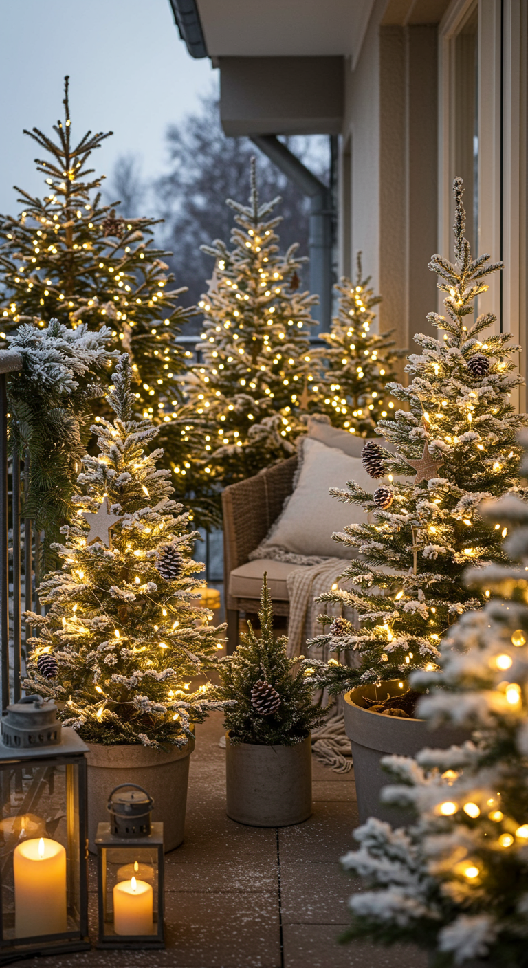 Balkon mit mehreren kleinen, beleuchteten und beschneiten Tannenbäumen und Laternen.