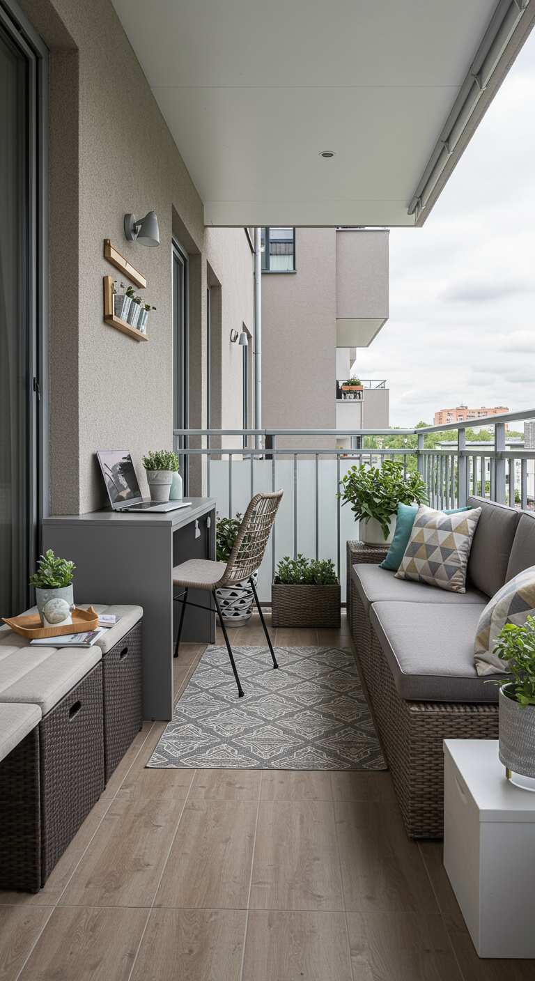 Schmaler Balkon mit grauer Sitzecke, kleinem Schreibtisch und Teppich.