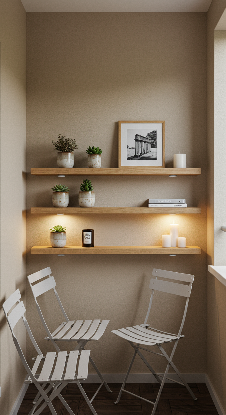 Balkon mit Wandregalen, dekoriert mit Pflanzen, Kerzen und Bild, davor weiße Klappstühle.