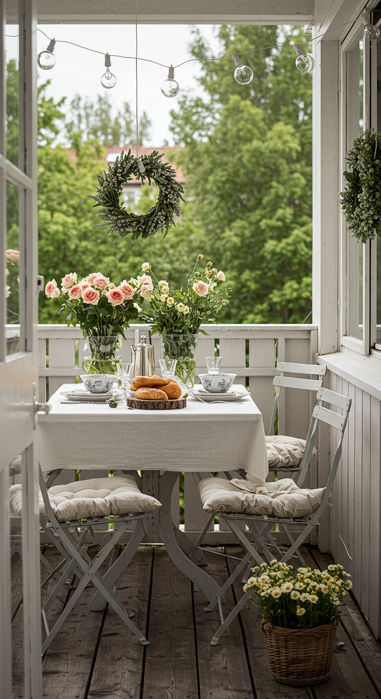 Gedeckter Frühstückstisch auf Balkon mit Rosen und hängendem Midsommar-Kranz.