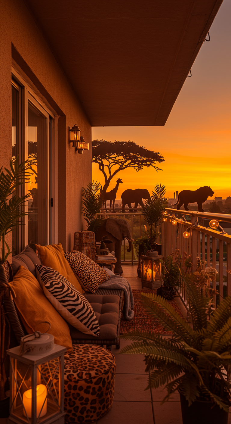 Balkon mit Safari-Thema, Tierfellmustern, Palmen und Laternen bei Sonnenuntergang.