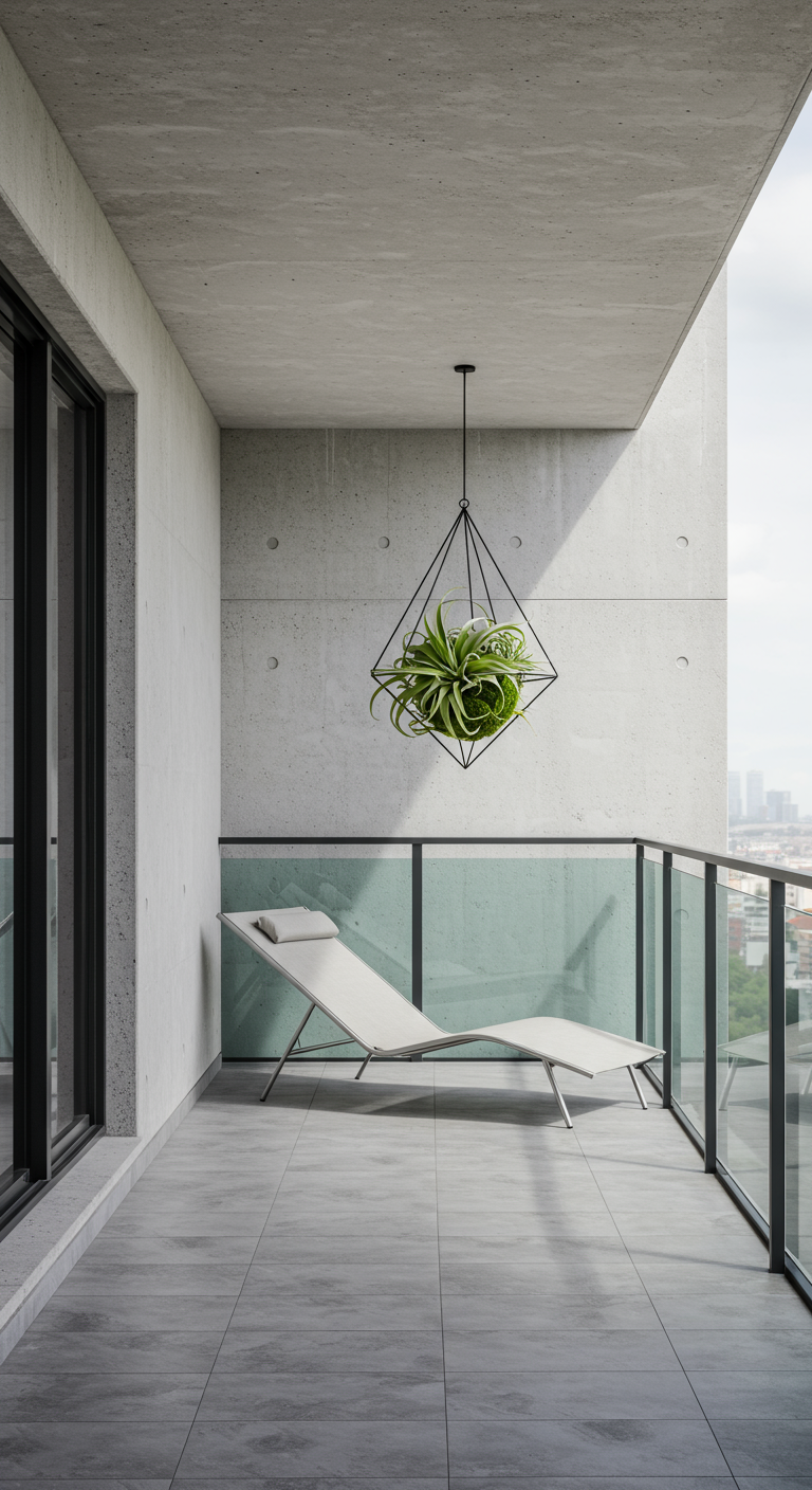 Minimalistischer Betonbalkon mit einer einzelnen Tillandsie in geometrischem Hänger.