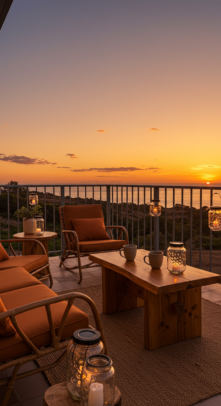 Balkon mit Holzmöbeln und Windlichtern bei Sonnenuntergang über dem Meer.