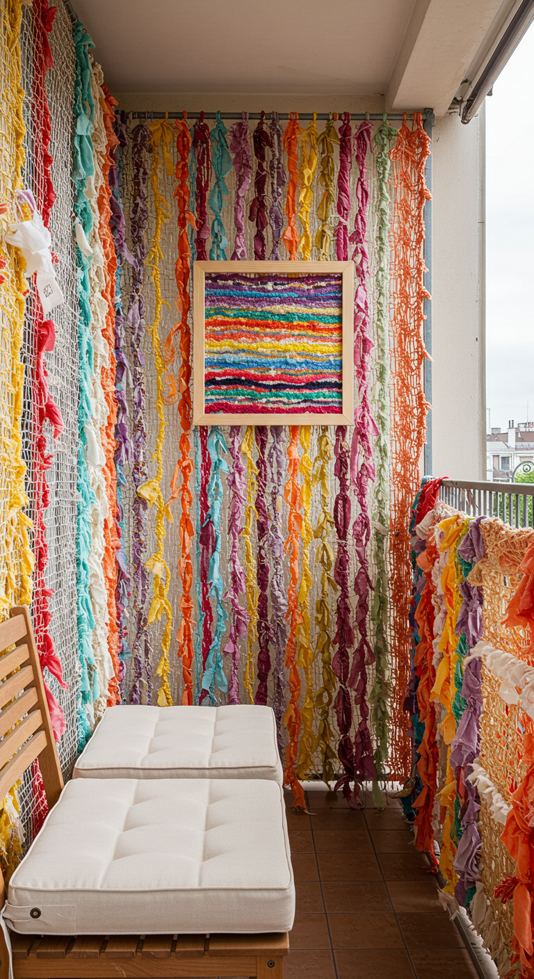 Balkon mit einem Sichtschutz aus vielen bunten, verknoteten Stoffstreifen, die von der Decke hängen.