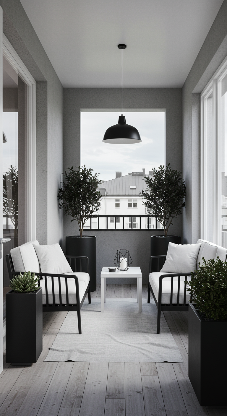 Schmaler Balkon mit symmetrisch angeordneten weißen Sesseln, schwarzer Pendelleuchte und schwarzen Pflanzkübeln.