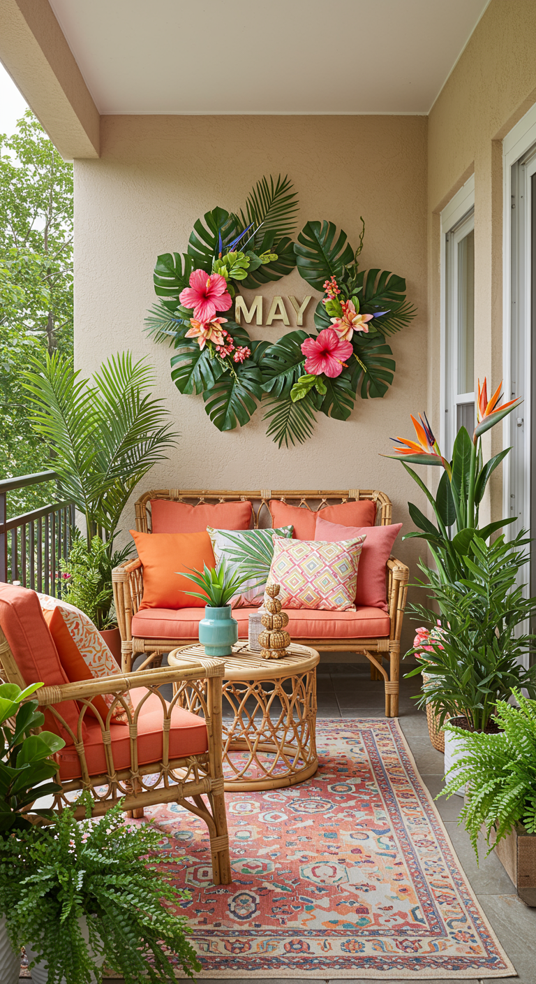 Balkon mit Rattanmöbeln, tropischen Pflanzen und großem Blätterkranz „MAY“.