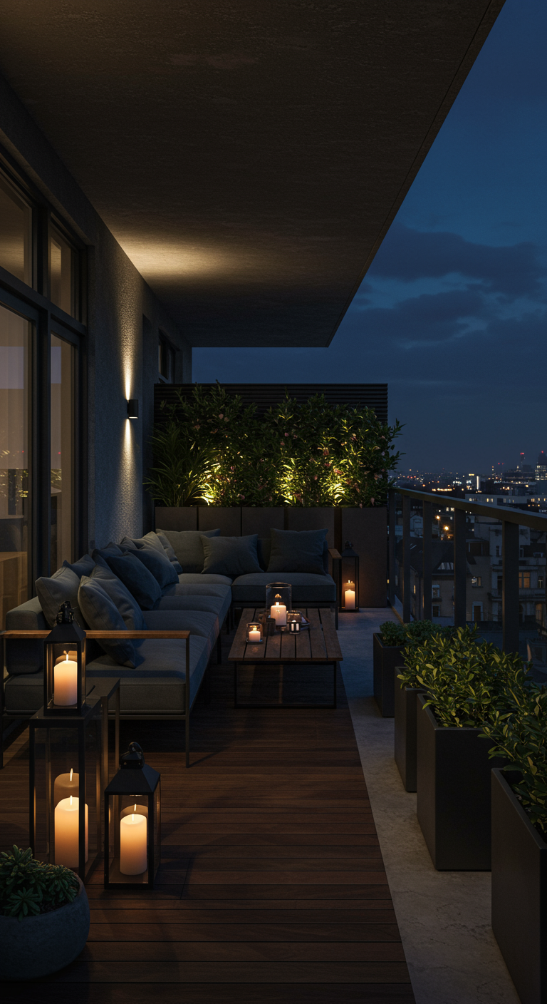 Balkon bei Nacht mit dunklem Holzboden, grauen Loungemöbeln und vielen Kerzenlaternen.
