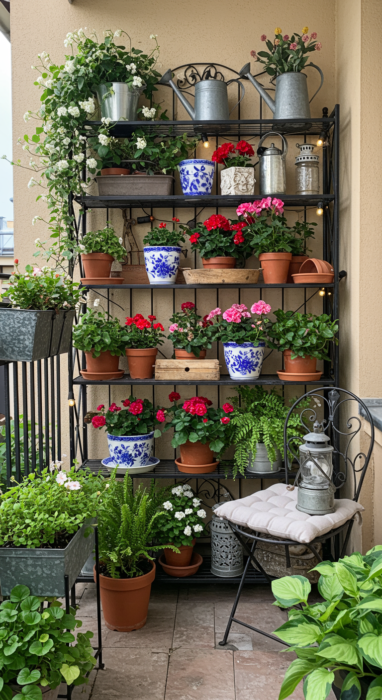 Schwarze, verschnörkelte Metall-Etagere voller bunter Blumen und Pflanzen auf dem Balkon.