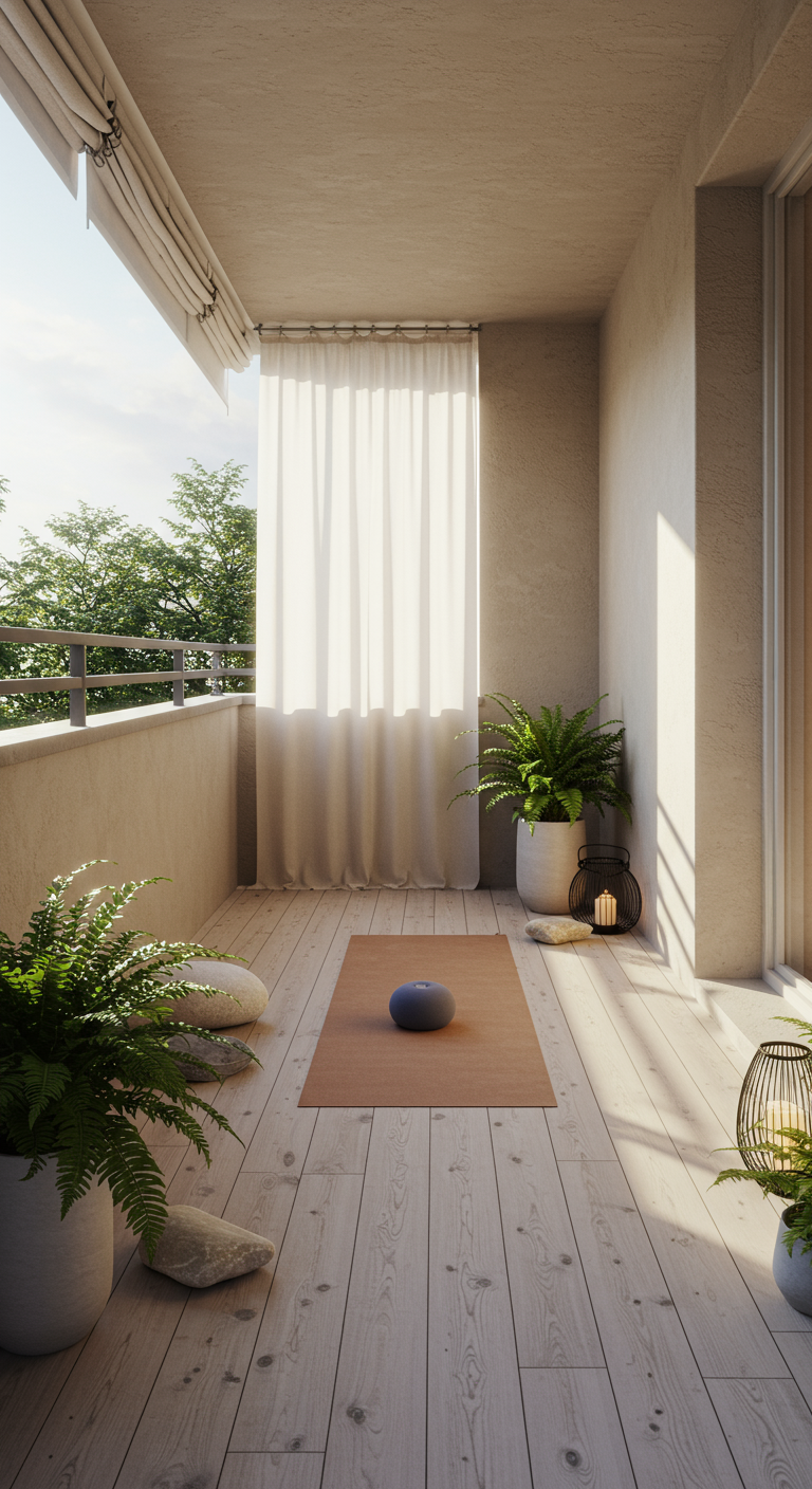 Heller Balkon mit Yogamatte, leichtem Vorhang als Sichtschutz und Farnpflanzen.