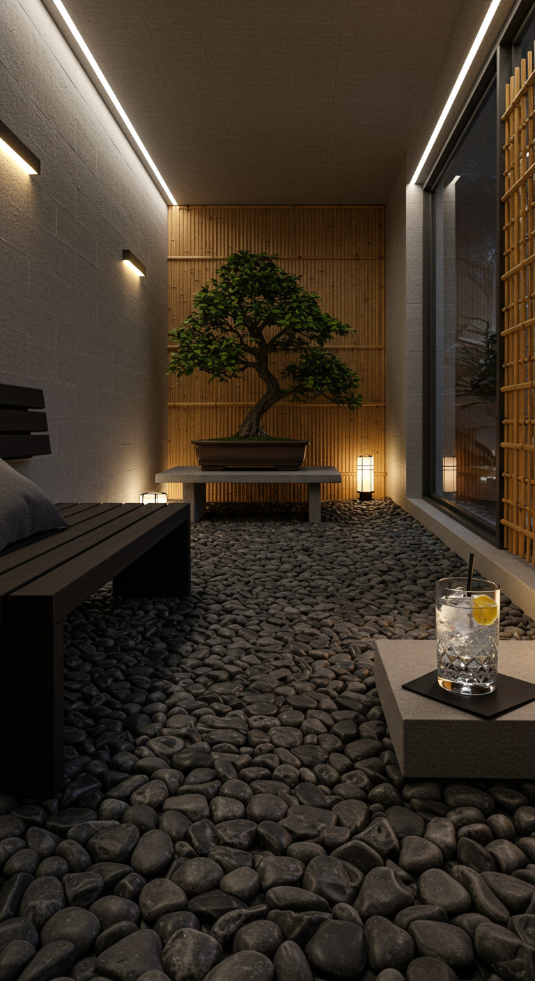 Zen-Balkon mit Kieselsteinen, Bonsai, Holzbank und Bambuswand.