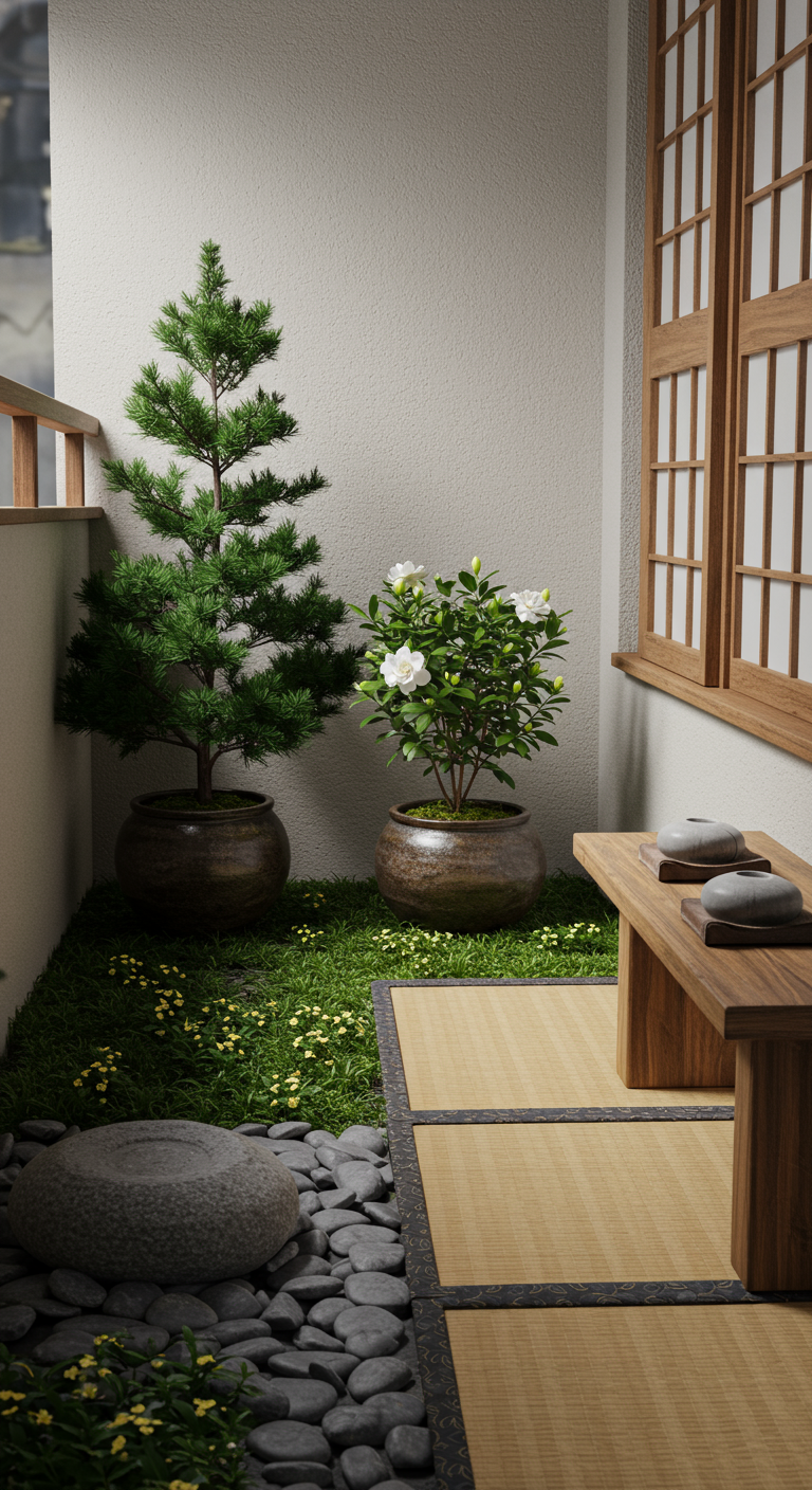 Kleiner Balkon im Zen-Stil mit Nadelbaum, weißen Blüten, Tatami-Matten und Kieselsteinen.