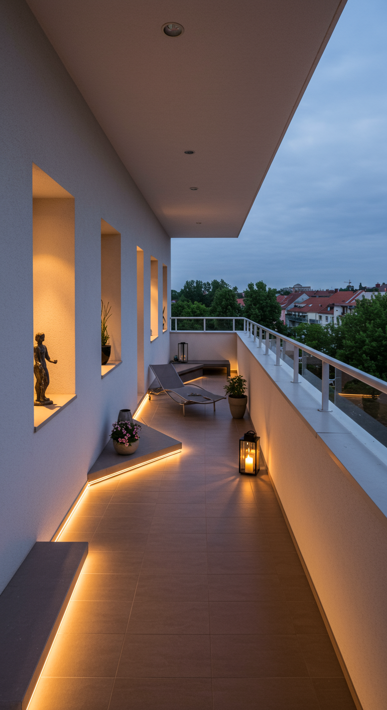 Moderner, schmaler Balkon mit beleuchteten Wandnischen und eingebauter Bank.