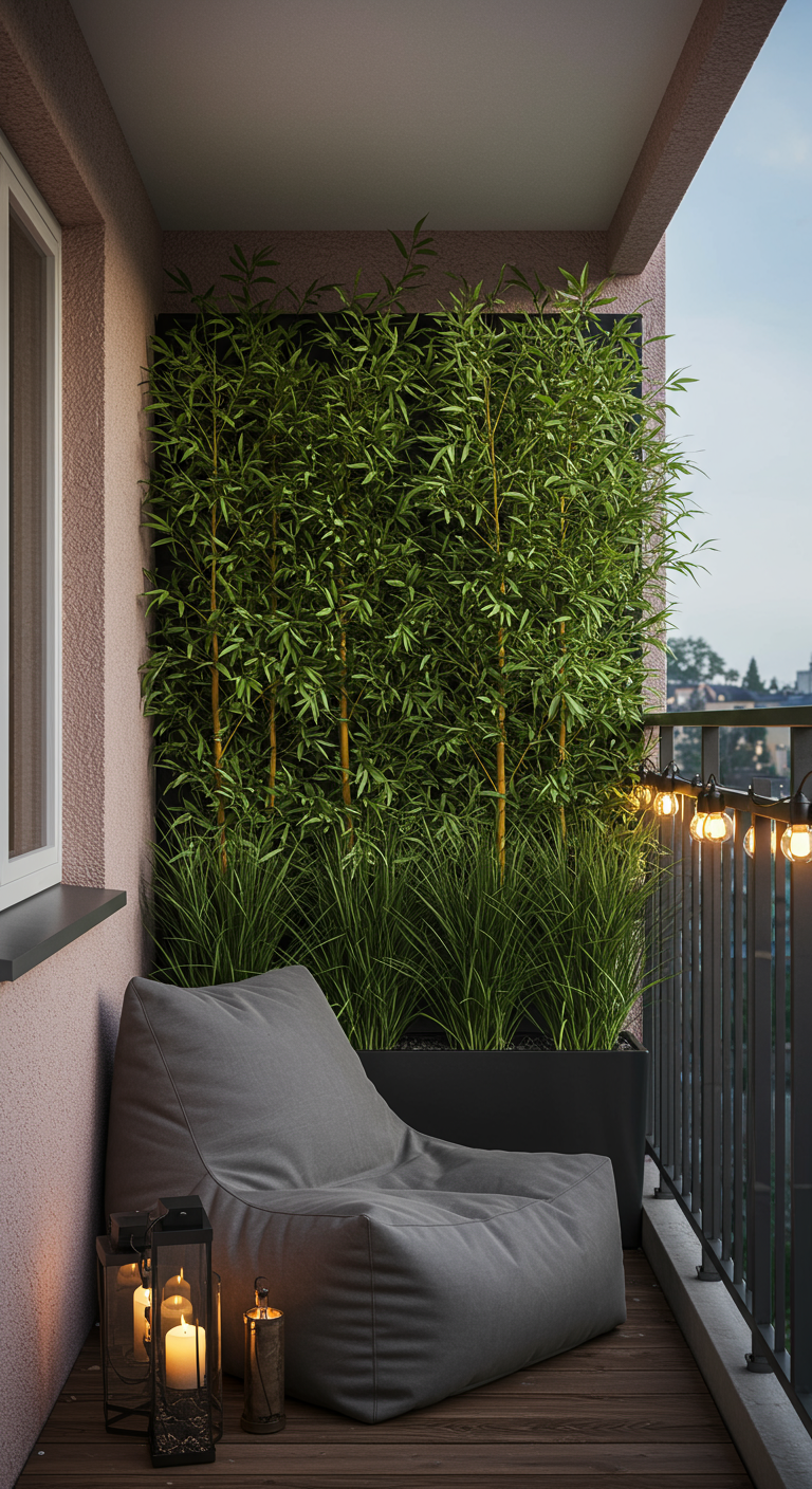 Hoher Bambus-Sichtschutz auf Balkon, teilweise mit Pflanzen begrünt, davor ein Sitzsack.