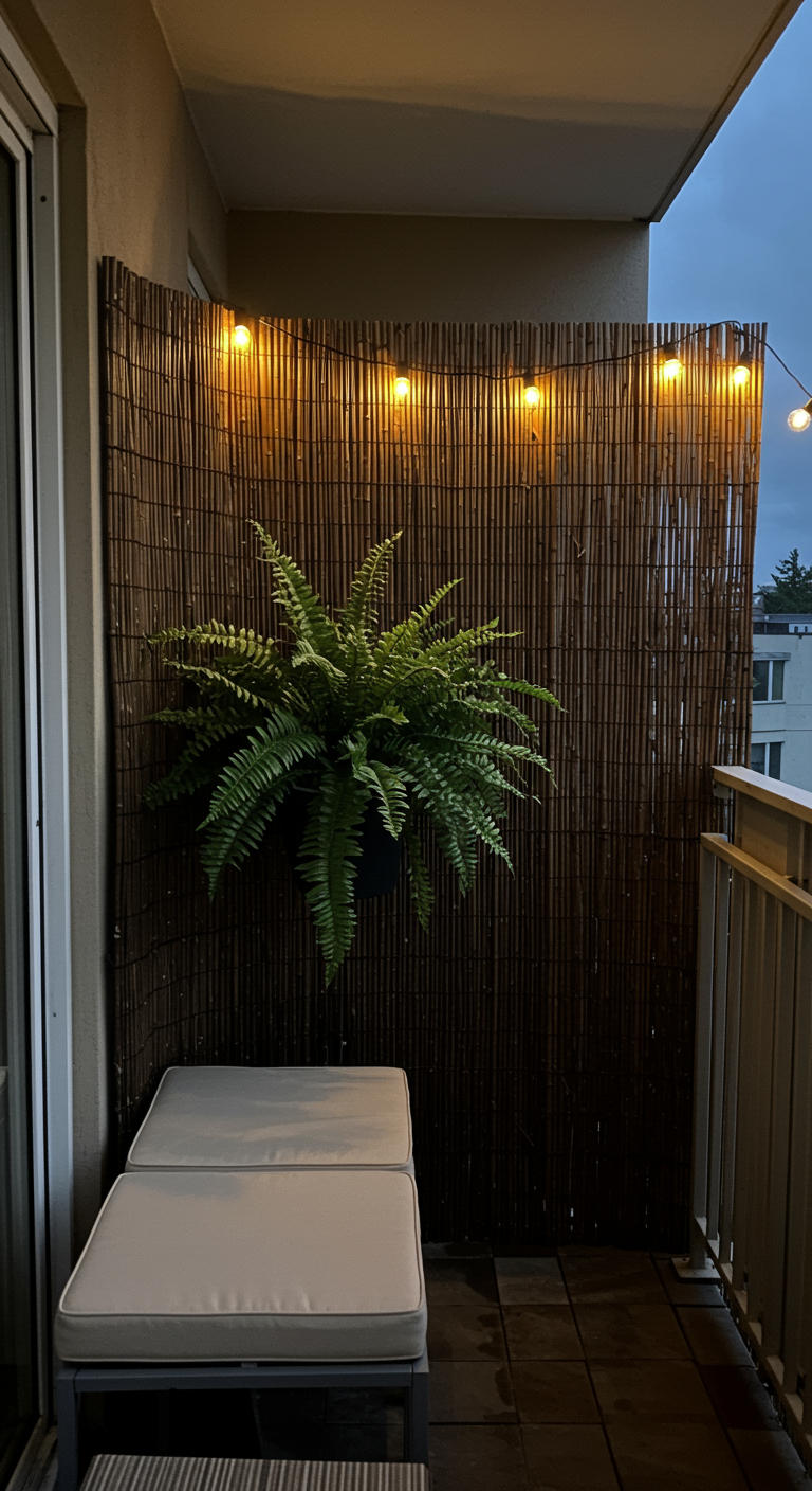 Balkon mit Bambusmatten-Sichtschutz, hängendem Farn, Sitzhockern und Lichterkette.