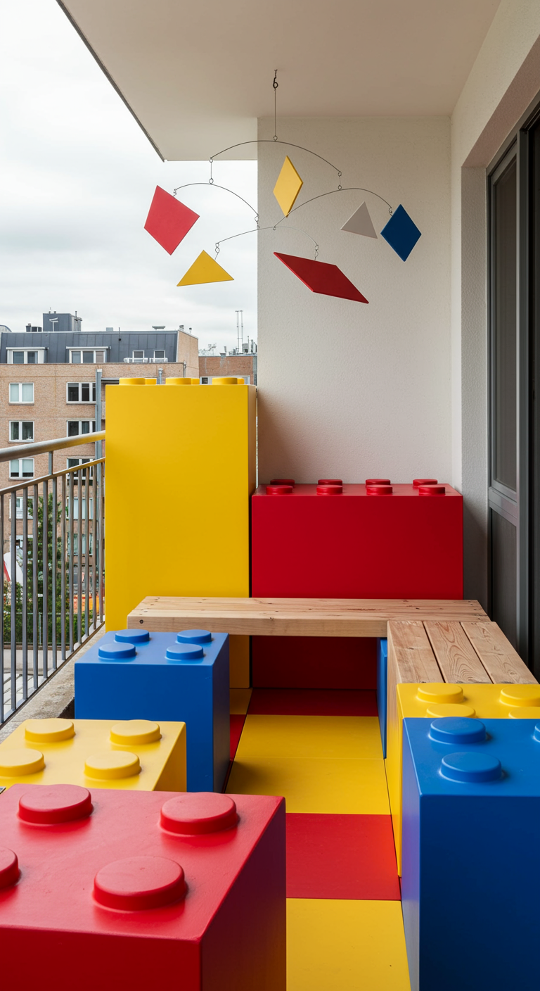 Balkon gestaltet mit großen, bunten Bausteinen (ähnlich Lego) als Möbel und Dekoration.