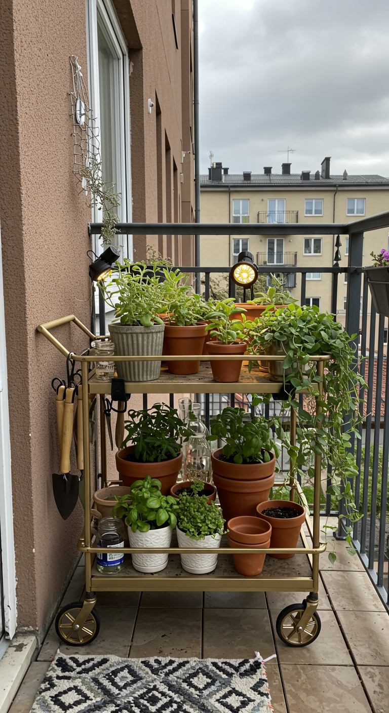 Goldfarbener Servierwagen voller Topfpflanzen und Kräuter auf einem Balkon.