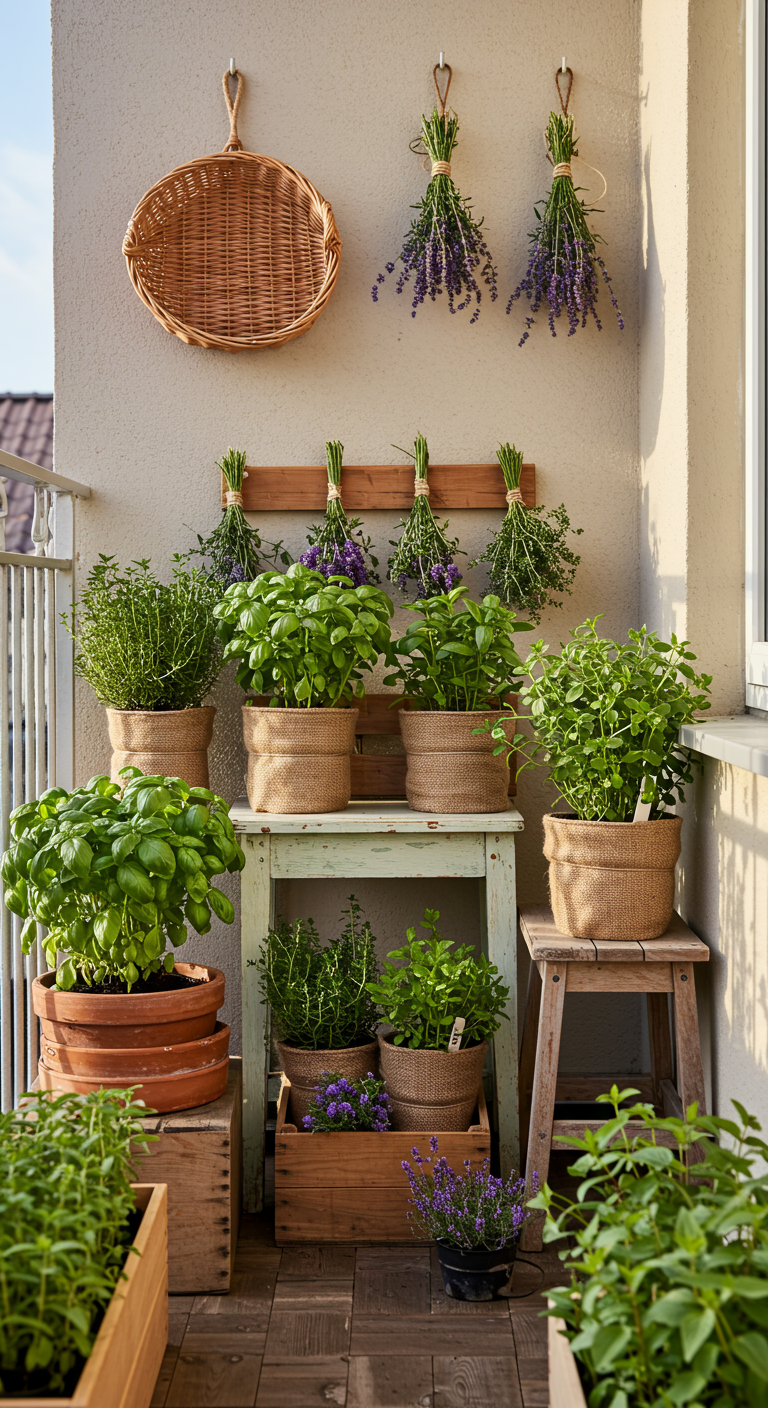 Balkon-Kräutergarten mit Jute-Töpfen, Altholz-Tisch und hängenden Kräuterbündeln.