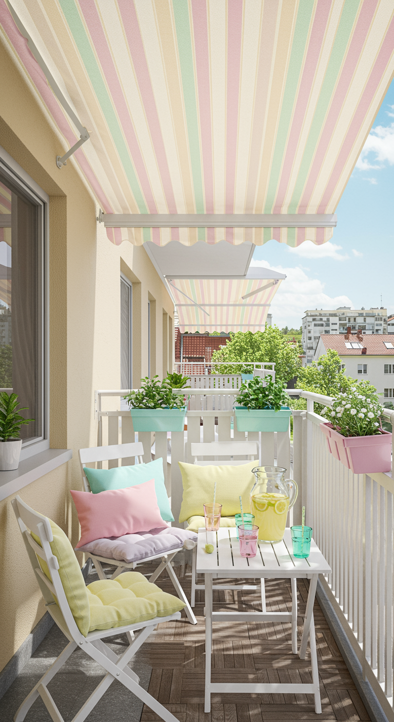Balkon mit gestreifter Pastell-Markise, weißen Möbeln und bunten Kissen.