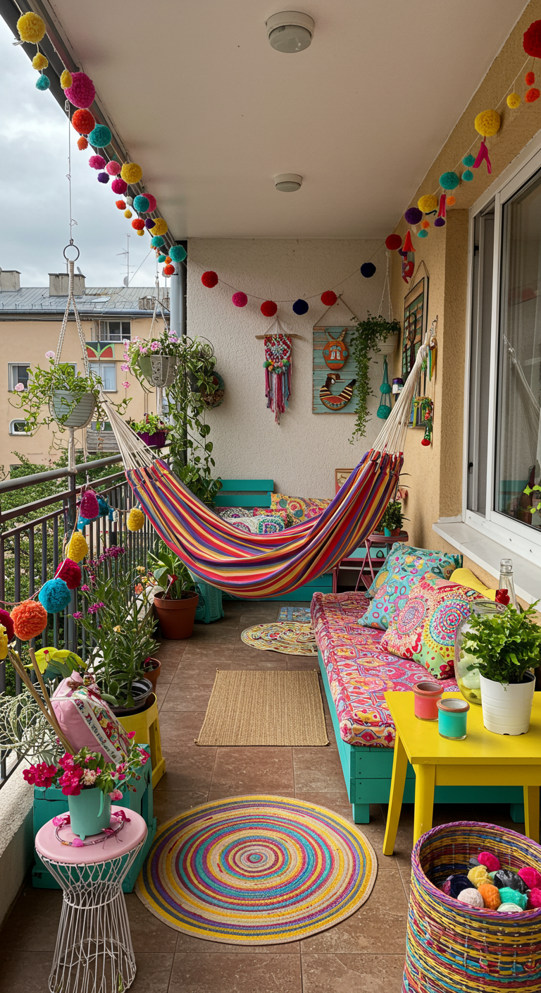 Sehr bunter Boho-Balkon mit Hängematte, Pompon-Girlanden und farbenfrohen Möbeln.