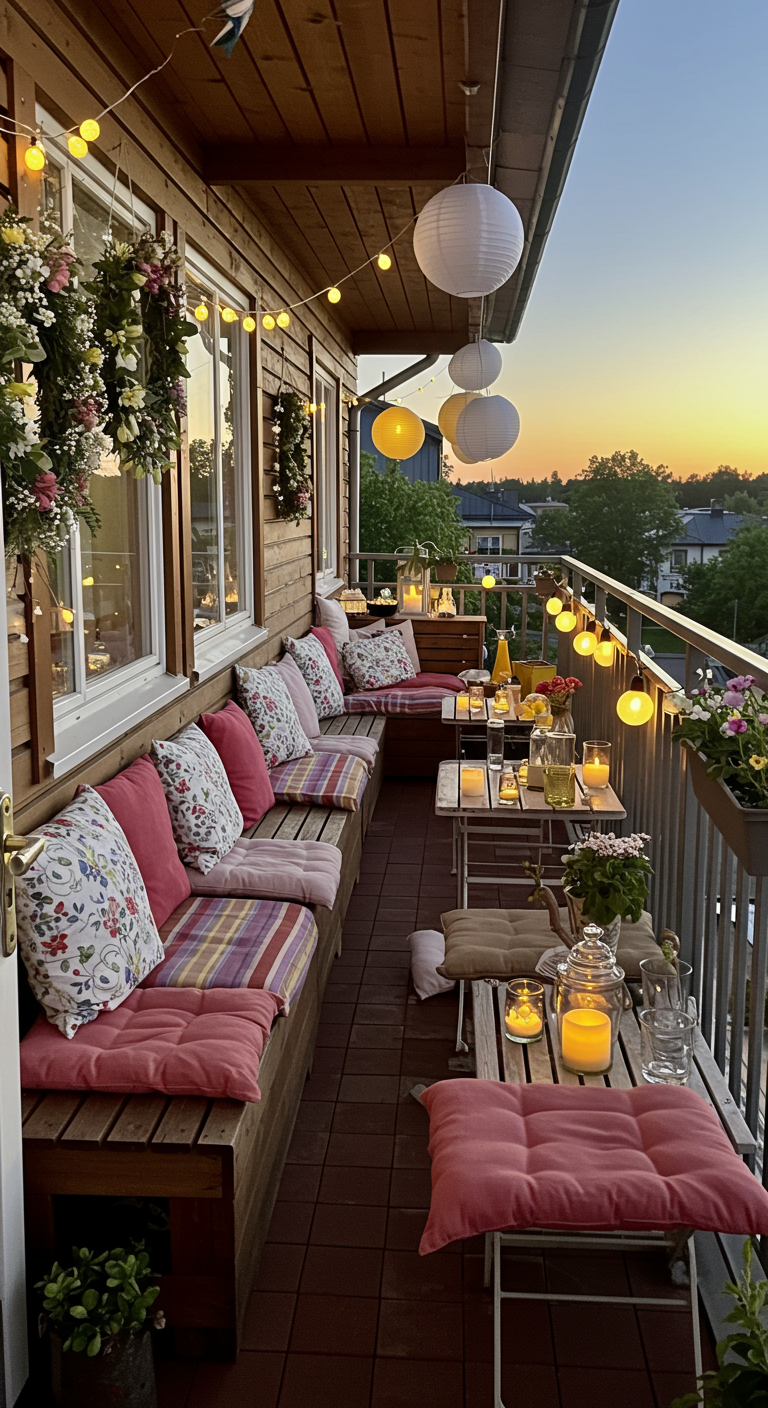 Langer Holzbalkon mit Bank, bunten Kissen, Lampions und Kerzen bei Sonnenuntergang.