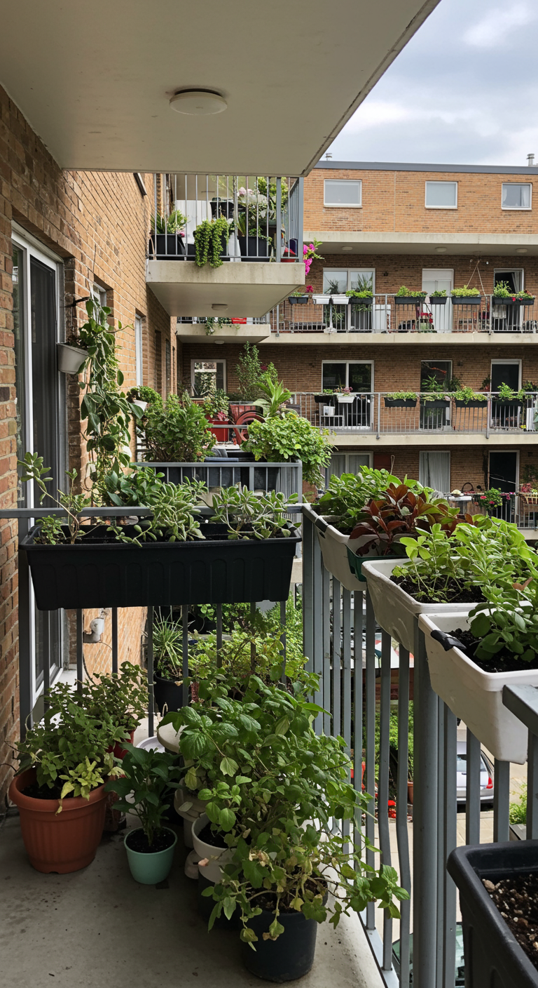 Mehrere Apartmentbalkone mit bepflanzten Blumenkästen an den Geländern.