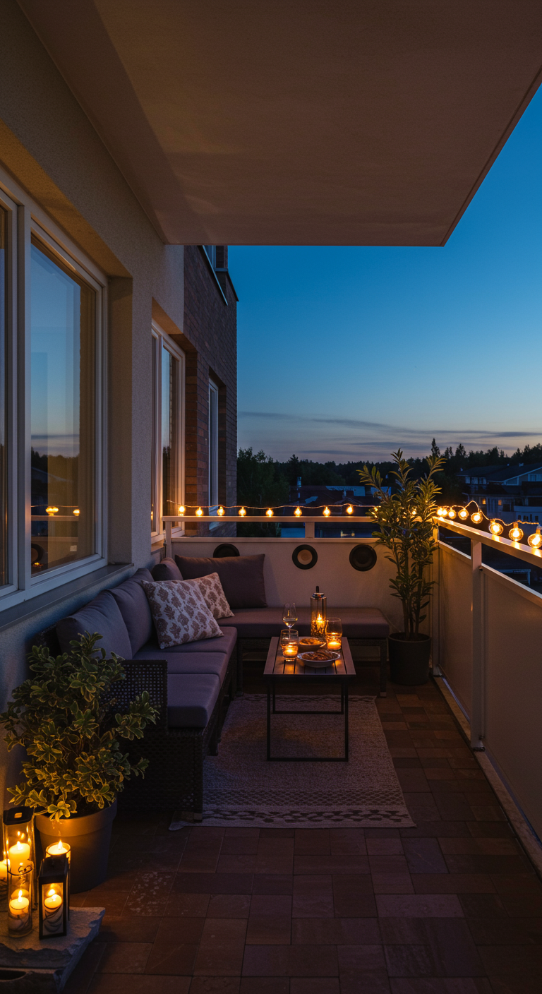 Moderner Balkon mit grauer Eckcouch, Kerzen, Topfpflanzen und Lichterkette bei Nacht.
