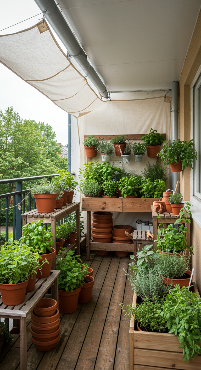 Balkon mit Stoffdach, Holzregalen voller Kräuter in Terrakottatöpfen und Holzboden.