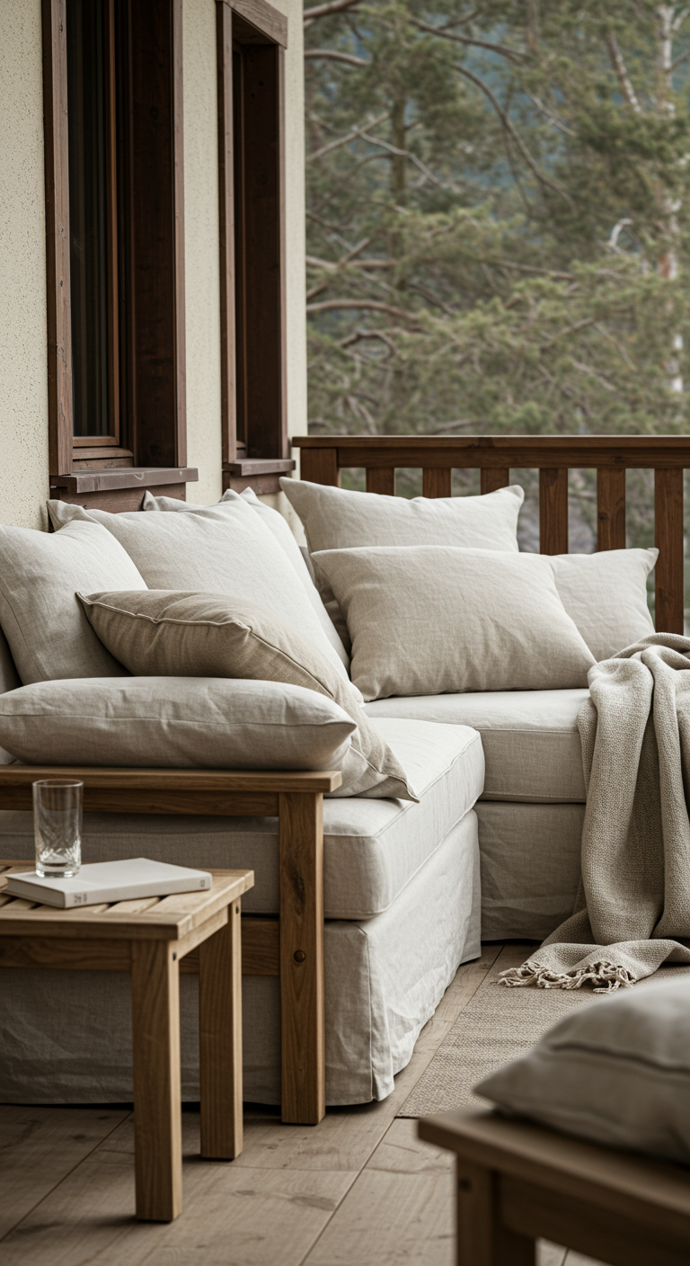 Großes Loungesofa mit vielen Leinenkissen und Holztisch auf Balkon mit Holzboden.