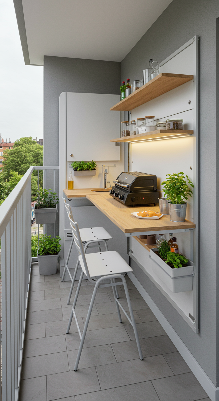 Sehr schmaler Balkon mit einer weißen, ausklappbaren Wandküche mit integriertem Grill.