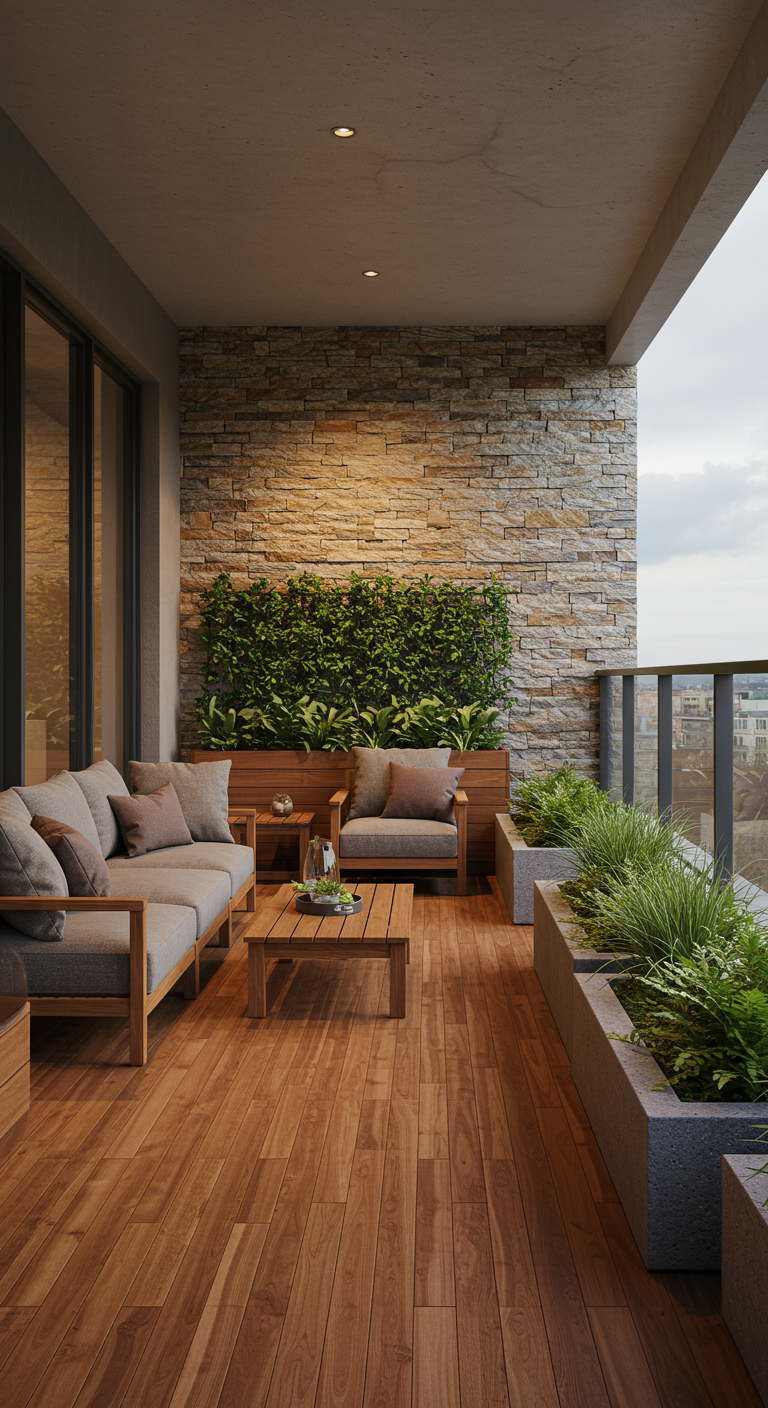 Balkon mit Natursteinwand, Holzmöbeln, integrierten Pflanzkästen und Holzboden.