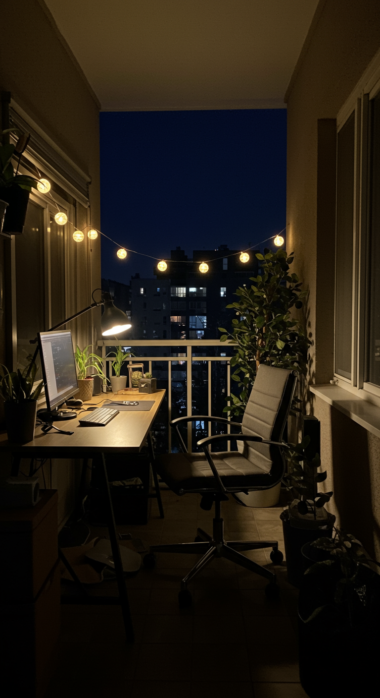 Balkon-Arbeitsplatz bei Nacht mit Schreibtischlampe, Lichterkette und Computer.