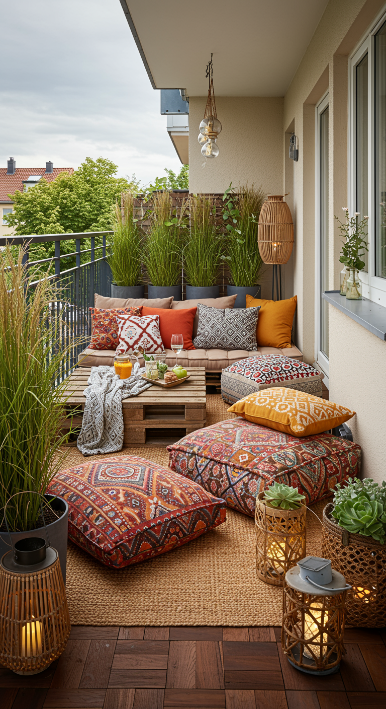 Schmaler Balkon mit Lounge-Ecke aus Paletten, vielen bunten Kissen und Laternen.