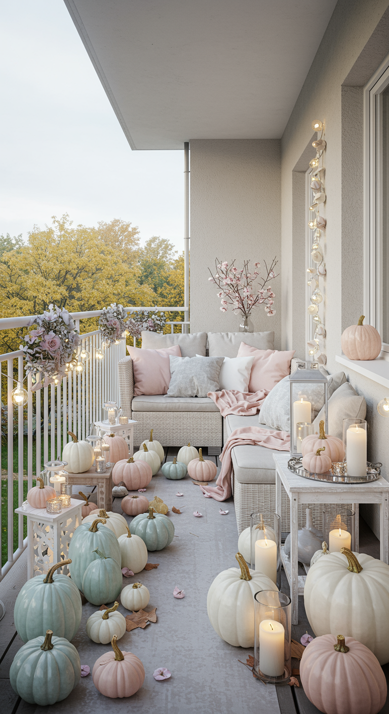 Balkon mit vielen Kürbissen in Pastellfarben, weißen Möbeln und rosa Akzenten.