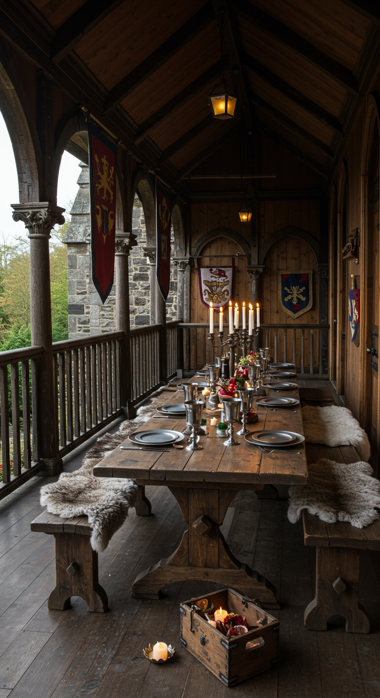Balkon als mittelalterliche Tafel mit langem Holztisch, Kerzen, Wappen und Fellen.