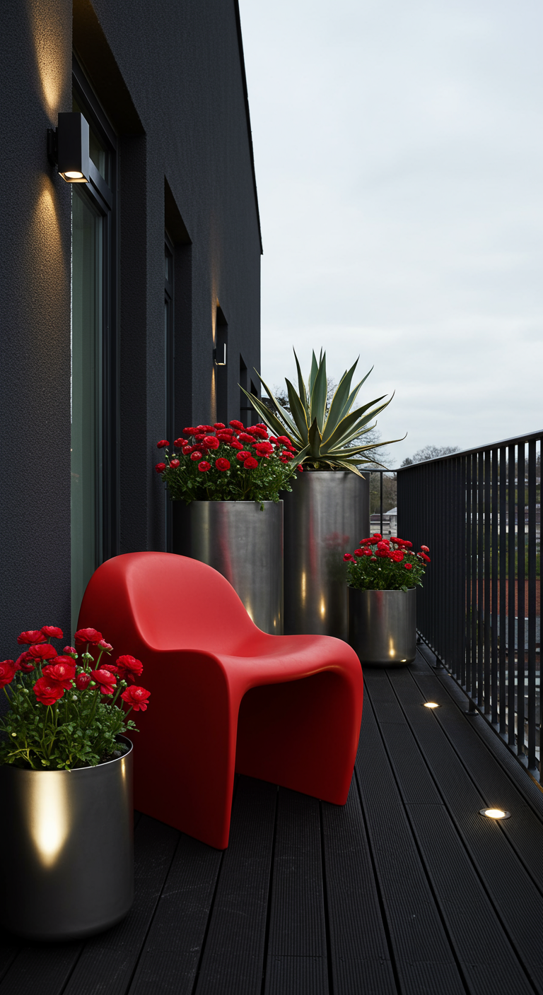 Moderner dunkler Balkon mit rotem Designersessel und roten Blumen in Metallkübeln.