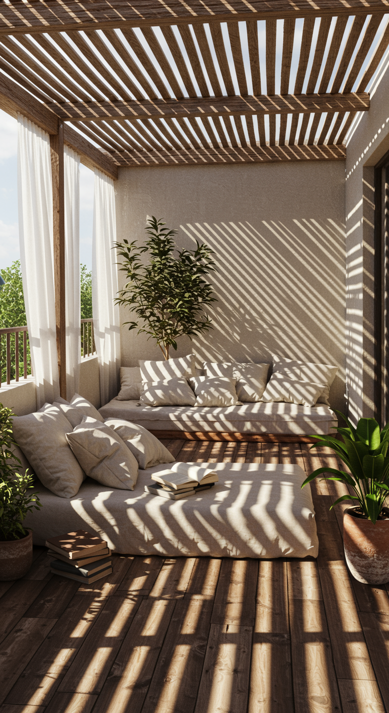 Gemütlicher Balkon mit Holzpergola, großen Loungemöbeln und hellen Vorhängen.