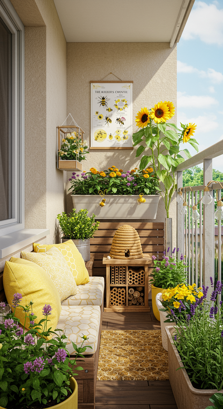 Sonniger Balkon mit Holzbank, gelben Kissen, Sonnenblumen und einem Bienen-Poster.