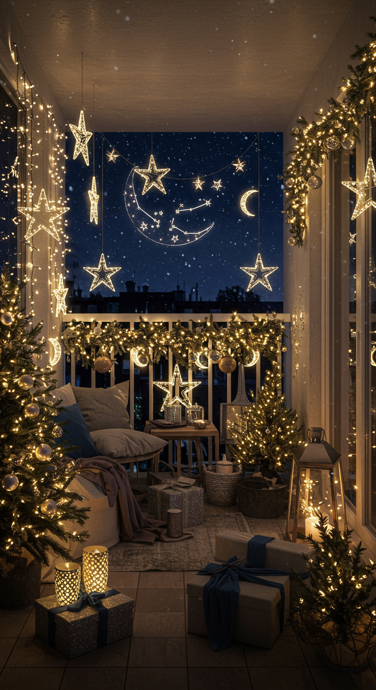 Festlich beleuchteter Balkon mit vielen hängenden Leuchtsternen und Mond-Deko.