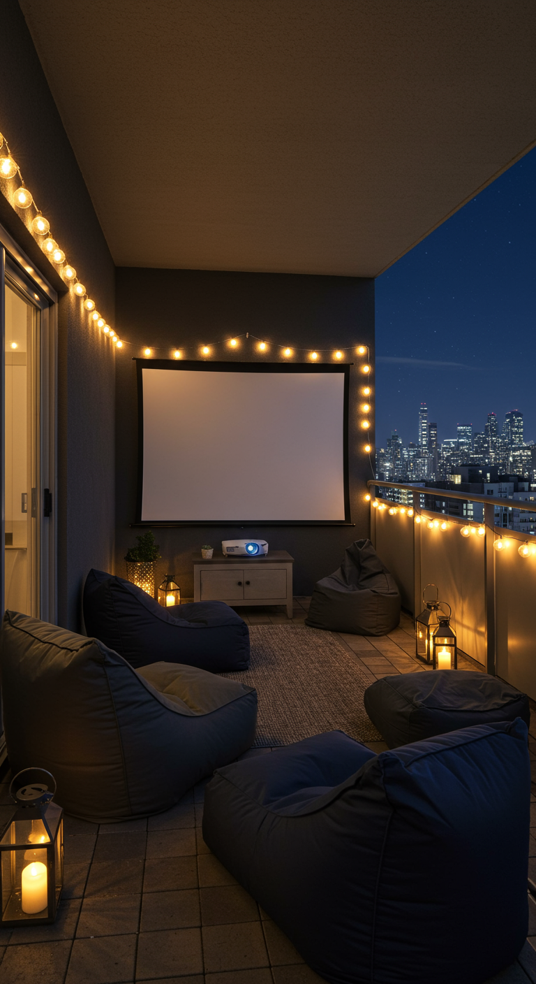 Balkon bei Nacht als Open-Air-Kino mit Leinwand, Beamer, Sitzsäcken und Lichterketten.