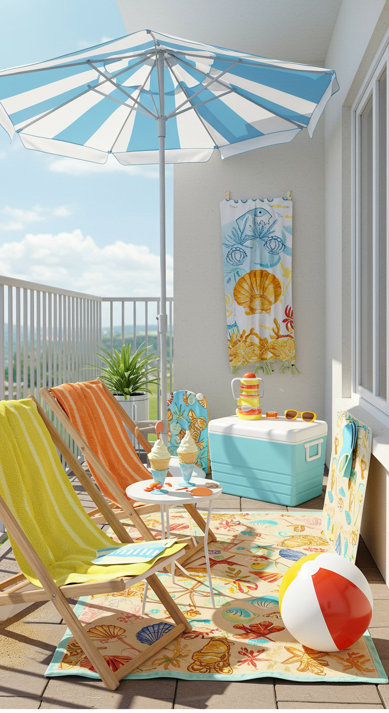 Balkon mit Liegestühlen, Sonnenschirm, Strandteppich und Kühlbox.