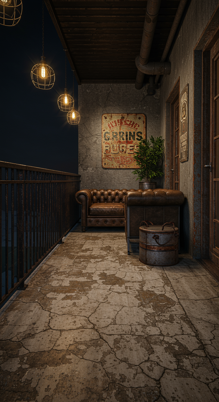 Balkon im Used-Look mit altem Ledersofa, rissigem Betonboden und Vintage-Metallschild.