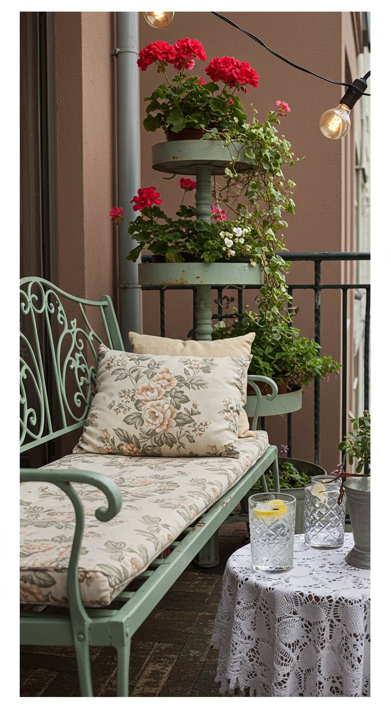 Vintage-Balkon mit Metallbank, Blumenkissen und Spitzendecke.