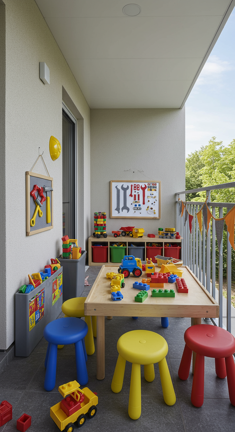 Kinder-Werkstatt auf dem Balkon mit Werkbank, Spielzeug-Werkzeug und Bausteinen.