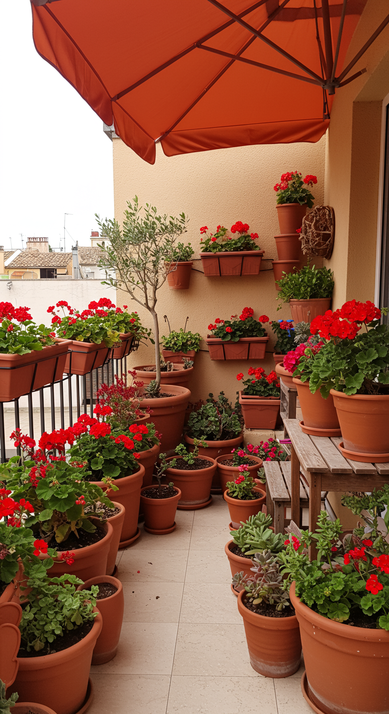 Balkon voller roter Geranien in Terrakottatöpfen, mit einem orangefarbenen Sonnenschirm.