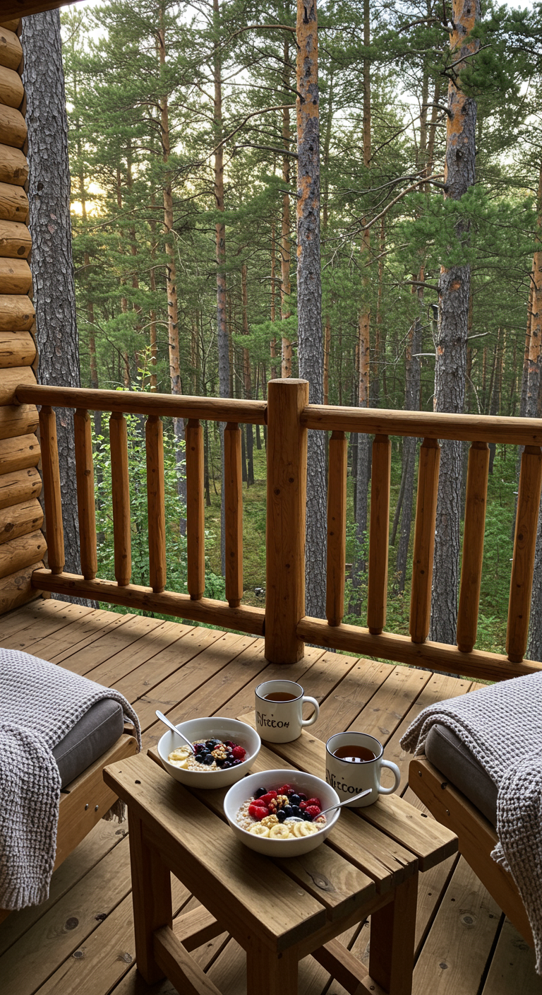 Frühstück mit Müsli und Beeren auf dem Holzbalkon einer Blockhütte mit Waldblick.