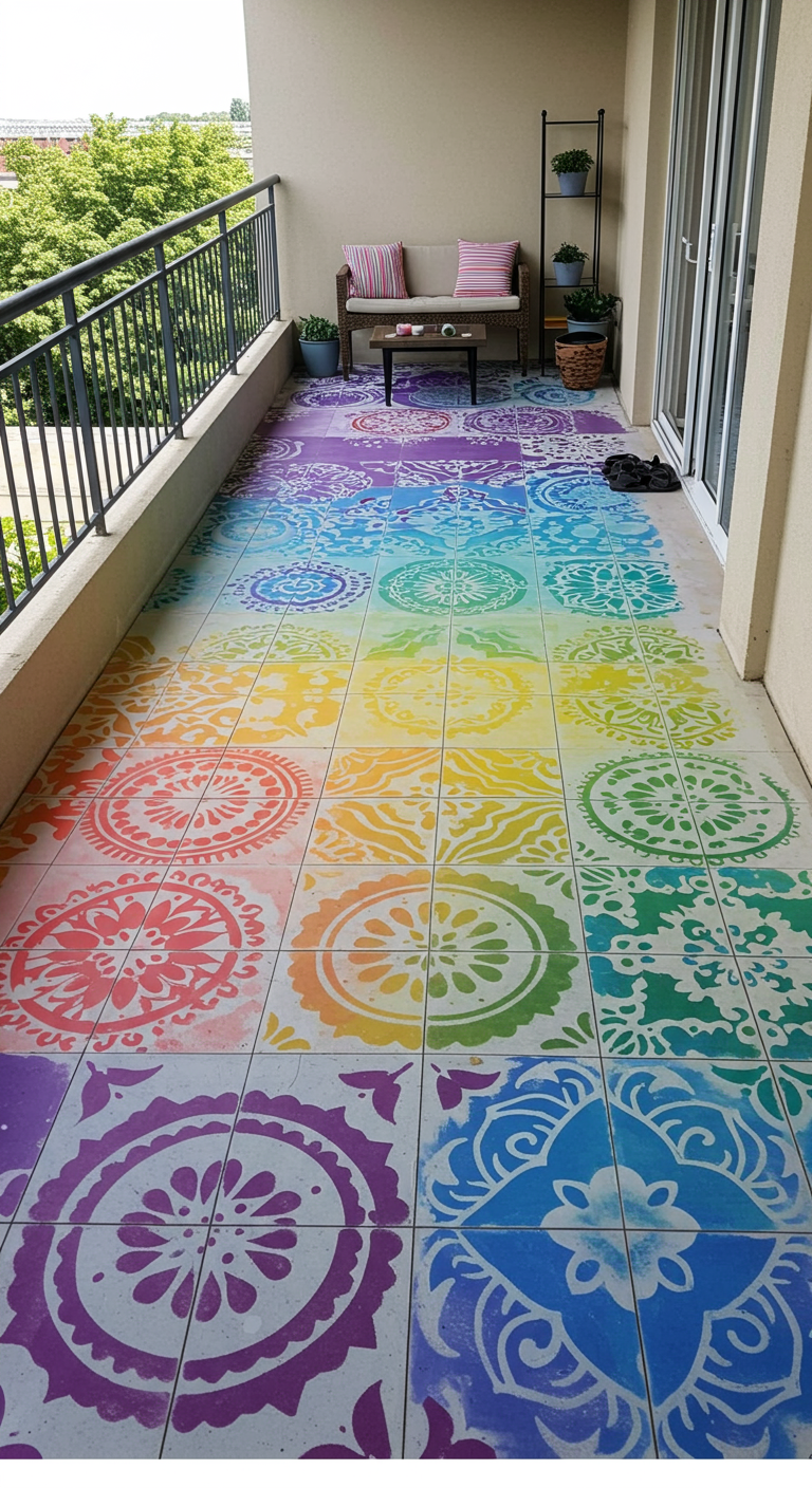 Balkonboden mit Kacheln, die mit bunten Mandala-ähnlichen Mustern in Regenbogenfarben schabloniert sind.